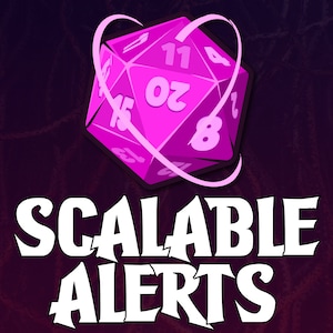 May include: A pink 20-sided die with a white outline and the numbers 1, 4, 8, 11, 15, and 20 visible. The die is surrounded by a white circle with a pink outline. The text "SCALABLE ALERTS" is below the die in white.