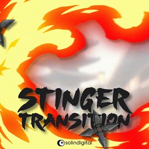Puede incluir: Una ilustración gráfica que presenta dos estrellas shuriken grises de cuatro puntas sobre un fondo amarillo y rojo similar a llamas. El texto STINGER TRANSITION aparece en letras negras negritas, con el pequeño logotipo solindigital debajo.