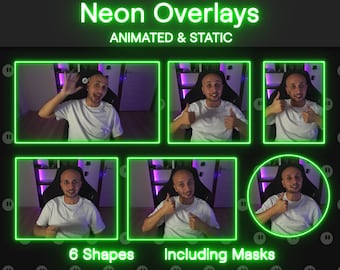 Puede incluir: Un collage de seis imágenes que muestran a una persona en una silla con diferentes superposiciones de neón verde. El texto "Neon Overlays" está en la parte superior de la imagen. El texto "Animated & Static" está debajo del título. El texto "6 Shapes" está en la parte inferior izquierda de la imagen. El texto "Including Masks" está en la parte inferior derecha de la imagen.