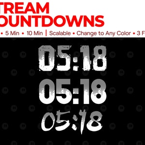 May include: A black and white countdown timer displaying the numbers 05:18. The timer is set against a black background with a pattern of small white circles. The text "STREAM COUNTDOWNS" is displayed in red at the top of the image. The text "3 Min 5 Min 10 Min | Scalable Change to Any Color 3 Fonts" is displayed in white below the timer.