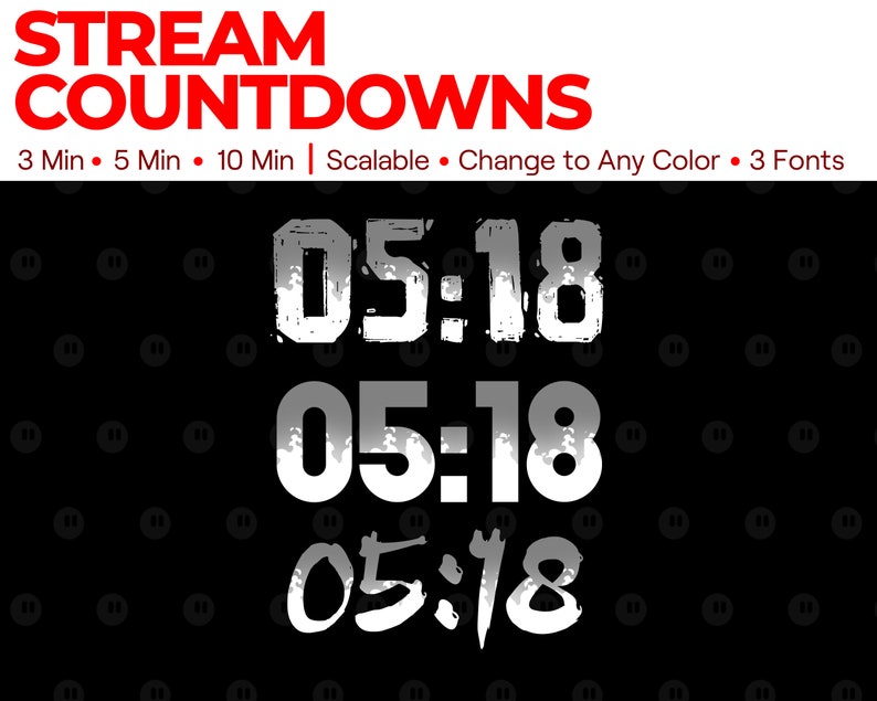 May include: A black and white countdown timer displaying the numbers 05:18. The timer is set against a black background with a pattern of small white circles. The text "STREAM COUNTDOWNS" is displayed in red at the top of the image. The text "3 Min 5 Min 10 Min | Scalable Change to Any Color 3 Fonts" is displayed in white below the timer.