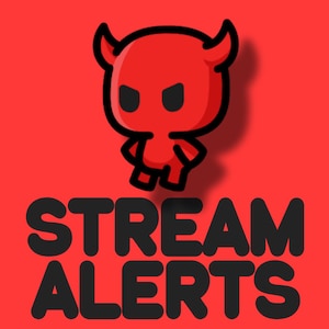 May include: A red background featuring a cartoon devil character and the words "STREAM ALERTS" in bold, black letters. The devil is red with black eyes and horns. The design is simple and striking, suitable for online streaming.