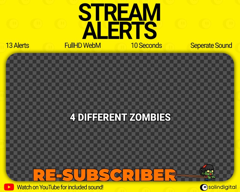 Puede incluir: Un gr&aacute;fico de alerta animado amarillo y negro para Twitch o YouTube con el texto "STREAM ALERTS" en letras negras grandes. El gr&aacute;fico presenta un personaje zombie y el texto "4 DIFFERENT ZOMBIES" y "RE-SUBSCRIBER".