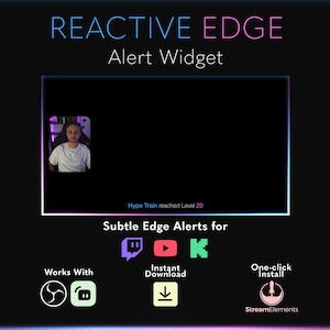 Puede incluir: Un widget de alerta digital titulado Reactive Edge con un marco rectangular negro y un borde de neón brillante. La pantalla incluye un pequeño video de una persona con camisa blanca y el texto Hype Train reached Level 20. Debajo se muestran los iconos de Twitch, YouTube, Kick, OBS y StreamElements.