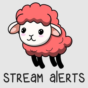 May include: A cartoon illustration of a pink sheep with a white face and big eyes jumping in the air. The text "STREAM ALERTS" is below the sheep.