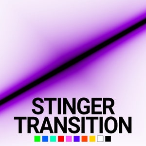May include: A purple and black gradient background with the text "STINGER TRANSITION" in black. A row of colored squares appears below the text.