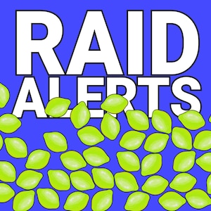 Könnte beinhalten: Digitalgrafik mit den Worten "RAID ALERTS" in großen weißen Buchstaben auf blauem Hintergrund. Zahlreiche grüne, ovale Illustrationen, die stilisierten Zitronen ähneln, sind darunter verstreut.