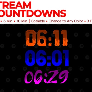 May include: A digital countdown timer with three different time displays: 06:11, 06:01, and 06:29. The timer is designed for live streams and features a black background with colourful text in orange, blue, and pink.