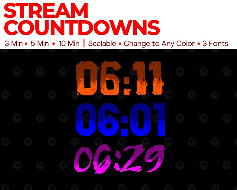 May include: A digital countdown timer with three different time displays: 06:11, 06:01, and 06:29. The timer is designed for live streams and features a black background with colourful text in orange, blue, and pink.