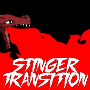 Può includere: Illustrazione digitale di una testa di drago rosso che sputa fiamme rosse su uno sfondo nero. Le parole "STINGER TRANSITION" sono scritte in bianco, con testo stilizzato, nella parte inferiore dell'immagine.