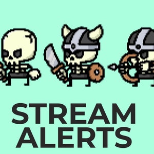 Tiny Pixel Skeleton Animated Alerts for Twitch Streams, Cute Kawaii Chibi Overlay, Follower Subscriber Cheer Host Donation, YouTube Facebook