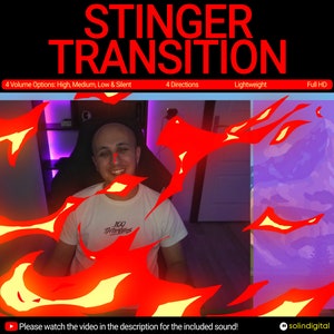 May include: A person sitting in a chair with a red, yellow, and orange fire animation overlay. The person is wearing a white t-shirt with the text "100 Thieves" printed on it. The background is a purple and blue mountain scene. The text "STINGER TRANSITION" is at the top of the image. The text "4 Volume Options: High, Medium, Low & Silent" is below the title. The text "4 Directions", "Lightweight", and "Full HD" are also below the title.