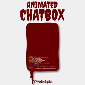 Könnte beinhalten: Grafikdesign mit dem Text "ANIMATED CHATBOX" in dunklem Rot, tropfender Schrift über einer dunkelroten Chatbox. Die Chatbox enthält Beispiel-Chatnachrichten in verschiedenen Farben. Das solindigital-Logo befindet sich unten.