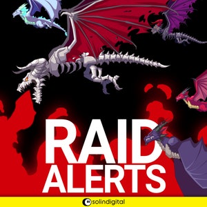 May include: A graphic illustration of a red, black, and white dragon with the text "RAID ALERTS" in white letters on a red background.