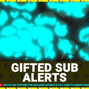 Pu&ograve; includere: Grafica animata blu e nera con il testo "GIFTED SUB ALERTS" e il testo "WATCH ON YOUTUBE FOR INCLUDED SOUNDS & FULL LENGTH ANIMATIONS".