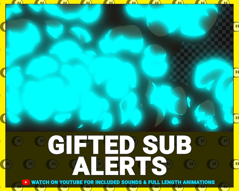 Pu&ograve; includere: Grafica animata blu e nera con il testo "GIFTED SUB ALERTS" e il testo "WATCH ON YOUTUBE FOR INCLUDED SOUNDS & FULL LENGTH ANIMATIONS".