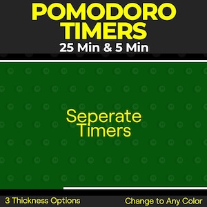 Op de afbeelding: Een groene achtergrond met een geel patroon van pauzesymbolen. De tekst "POMODORO TIMERS" staat in geel bovenaan de afbeelding. Onder de tekst staat "25 Min & 5 Min". De tekst "Seperate Timers" staat in geel in het midden van de afbeelding. De tekst "3 Thickness Options" staat onderaan links in de afbeelding. De tekst "Change to Any Color" staat onderaan rechts in de afbeelding.