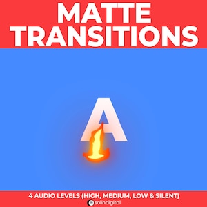 May include: A white letter A with a flame effect on a blue background. The text "MATTE TRANSITIONS" is in white on a red background. The text "4 AUDIO LEVELS (HIGH, MEDIUM, LOW & SILENT)" is in white on a red background. The text "solindigital" is in white on a black background.