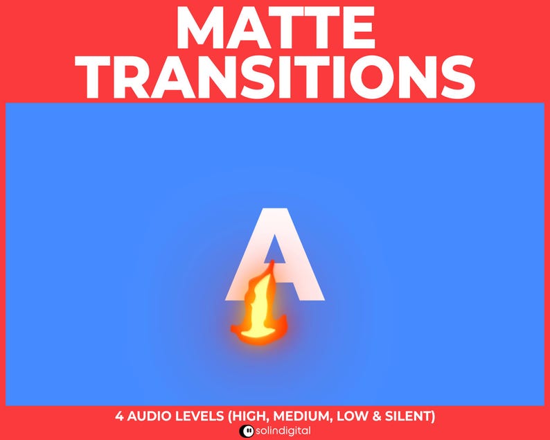 May include: A white letter A with a flame effect on a blue background. The text "MATTE TRANSITIONS" is in white on a red background. The text "4 AUDIO LEVELS (HIGH, MEDIUM, LOW & SILENT)" is in white on a red background. The text "solindigital" is in white on a black background.