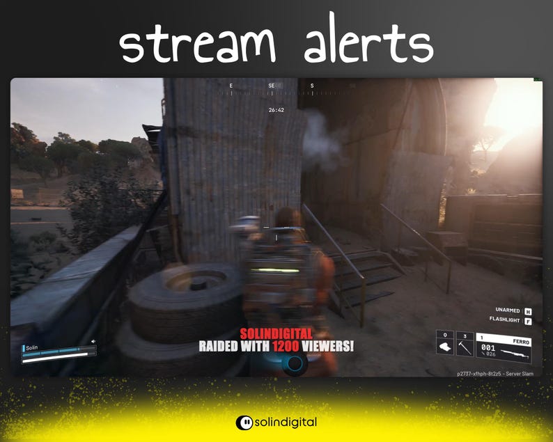 May include: A screenshot from a video game with the text "stream alerts" at the top. The game scene shows a character in a combat situation. The text "RAIDED WITH 1200 VIEWERS!" is displayed. The Solindigital logo is at the bottom.