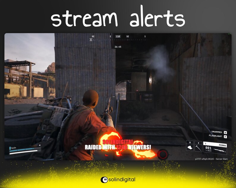 May include: A screenshot from a video game with the text "stream alerts" at the top. The game shows a character in an orange shirt holding a gun. The text "RAIDED WITH 21 VIEWERS!" is displayed in a fiery font. The solindigital logo is at the bottom.