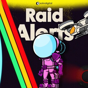 May include: A cartoon illustration showing a pink astronaut with a blue helmet, a spaceship, and the words "Raid Alerts." The background features a rainbow of colours and a dark space theme.