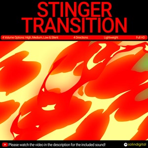 May include: A red and yellow abstract graphic with the text "STINGER TRANSITION" in white. The text below reads "4 Volume Options: High, Medium, Low & Silent", "4 Directions", "Lightweight", and "Full HD". The text "Please watch the video in the description for the included sound!" is at the bottom of the image.