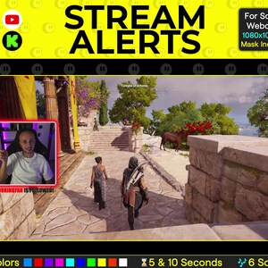 K&ouml;nnte beinhalten: Ein farbenfrohes Overlay f&uuml;r Live-Streaming auf Twitch, YouTube und Facebook. Das Overlay hat einen leuchtend gelben Hintergrund mit schwarzem und wei&szlig;em Text, der "STREAM ALERTS" lautet. Das Overlay enth&auml;lt auch ein kleines Bild einer Person in einem Videospiel, eine Ziege und ein Textfeld mit der Aufschrift "ADORINGFAN IS FOLLOWED!".