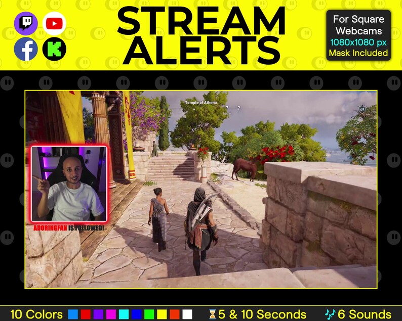 K&ouml;nnte beinhalten: Ein farbenfrohes Overlay f&uuml;r Live-Streaming auf Twitch, YouTube und Facebook. Das Overlay hat einen leuchtend gelben Hintergrund mit schwarzem und wei&szlig;em Text, der "STREAM ALERTS" lautet. Das Overlay enth&auml;lt auch ein kleines Bild einer Person in einem Videospiel, eine Ziege und ein Textfeld mit der Aufschrift "ADORINGFAN IS FOLLOWED!".