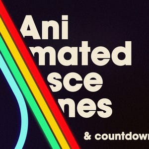 Pode incluir: Gráfico retro com as palavras "Animated Scenes & countdowns" em branco sobre um fundo escuro. Uma série de linhas curvas coloridas em azul, verde, amarelo e vermelho adicionam um toque vibrante ao design.