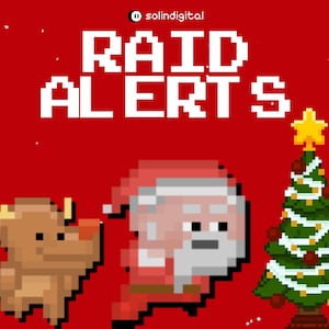 May include: Pixelated Christmas-themed graphic on a red background. The image features a reindeer, Santa Claus, and a decorated Christmas tree. The text "RAID ALERTS" is displayed in white.