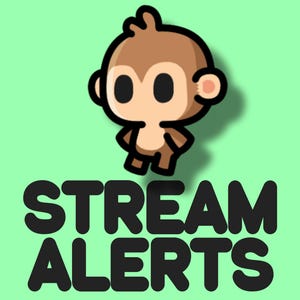 Pode incluir: Um personagem de macaco de desenho animado em tons de castanho, com grandes olhos pretos e orelhas pequenas, está posicionado acima das palavras "STREAM ALERTS" em letras pretas e em negrito. O fundo é verde claro.