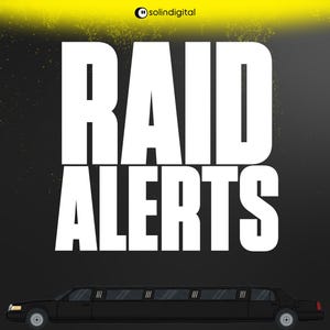 Puede incluir: Gráfico digital con las palabras "RAID ALERTS" en letras blancas grandes sobre un fondo oscuro. Una limusina negra se encuentra en la parte inferior de la imagen. El logotipo de "solindigital" está en la esquina superior derecha.
