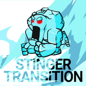 Può includere: Un mostro di cartone animato blu e bianco con occhi rossi, seduto su uno sfondo bianco con forme astratte blu e bianche. Il testo "STINGER TRANSITION" è sotto il mostro.