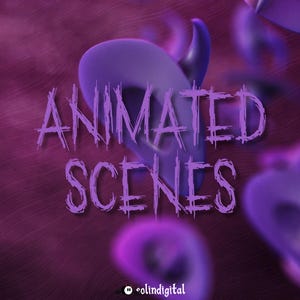 May include: A digital graphic featuring the text "ANIMATED SCENES" in a distressed purple font. The background is a gradient of dark and light purple with blurred, abstract shapes. The logo "olindigital" is in the bottom left corner.