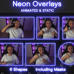 Sovrapposizioni al neon, bordi della fotocamera animati e statici per lo streaming, graziose cornici per webcam cyberpunk per Twitch, YouTube, Facebook e Kick