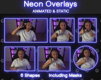 Puede incluir: Un collage de seis imágenes que muestran a una persona sentada en una silla con un marco azul neón alrededor de cada imagen. La persona está dando un pulgar hacia arriba en cada imagen. El texto "Neon Overlays" está en la parte superior del collage, y el texto "Animated & Static" está debajo. El texto "6 Shapes" está en la parte inferior izquierda del collage, y el texto "Including Masks" está en la parte inferior derecha del collage.