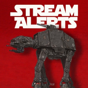 May include: Illustration of a dark gray AT-AT walker from Star Wars, set against a red background. The text "STREAM ALERTS" is displayed in white above the walker. The image has a digital art style.