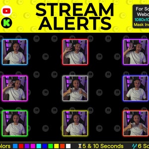 K&ouml;nnte beinhalten: Ein Satz von 10 bunten animierten Stream-Benachrichtigungen f&uuml;r quadratische Webcams. Die Benachrichtigungen zeigen eine Person, die winkt und den Daumen nach oben zeigt. Die Benachrichtigungen sind 1080x1080 Pixel gro&szlig; und beinhalten eine Maske.
