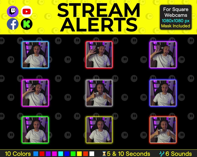 K&ouml;nnte beinhalten: Ein Satz von 10 bunten animierten Stream-Benachrichtigungen f&uuml;r quadratische Webcams. Die Benachrichtigungen zeigen eine Person, die winkt und den Daumen nach oben zeigt. Die Benachrichtigungen sind 1080x1080 Pixel gro&szlig; und beinhalten eine Maske.