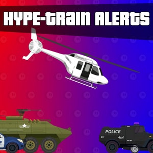 May include: A white helicopter flies over a green armored vehicle and a black police car with the text "HYPE-TRAIN ALERTS" at the top of the image.