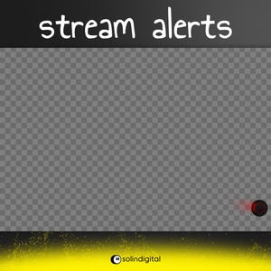 May include: A digital graphic with the text "stream alerts" in white. The background is a transparent grid, with a small red circle in the lower right corner. The bottom of the image has a yellow and black gradient.