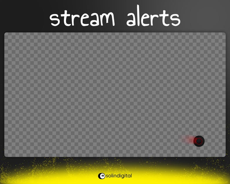 May include: A digital graphic with the text "stream alerts" in white. The background is a transparent grid, with a small red circle in the lower right corner. The bottom of the image has a yellow and black gradient.