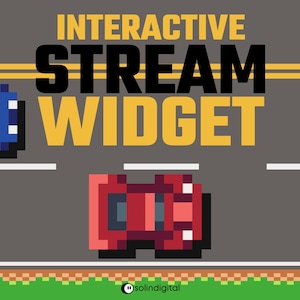 Könnte beinhalten: Eine digitale Grafik mit dem Text INTERACTIVE STREAM WIDGET in Gelb und Schwarz vor einem grauen Straßenhintergrund mit gelben Fahrbahnmarkierungen. Ein blaues und ein rotes pixeliges Auto sind zu sehen, dazu ein grün karierter Rand.