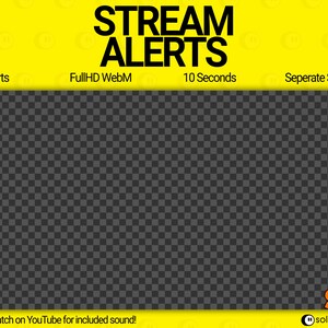Puede incluir: Un fondo amarillo con texto negro que dice "STREAM ALERTS". Debajo del texto est&aacute;n las palabras "13 Alerts", "FullHD WebM", "10 Seconds" y "Seperate Sound". Un fondo a cuadros gris y blanco est&aacute; en el centro de la imagen. El texto "Watch on YouTube for included sound!" est&aacute; en la parte inferior izquierda de la imagen. El texto "SU" y "solindigital" est&aacute;n en la parte inferior derecha de la imagen.