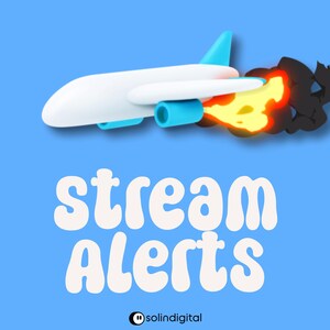 May include: A white and light blue airplane graphic with a yellow and orange flame trail and black smoke, positioned above the white text "stream Alerts" and a small black and white logo with the text "solindigital" on a solid blue background.