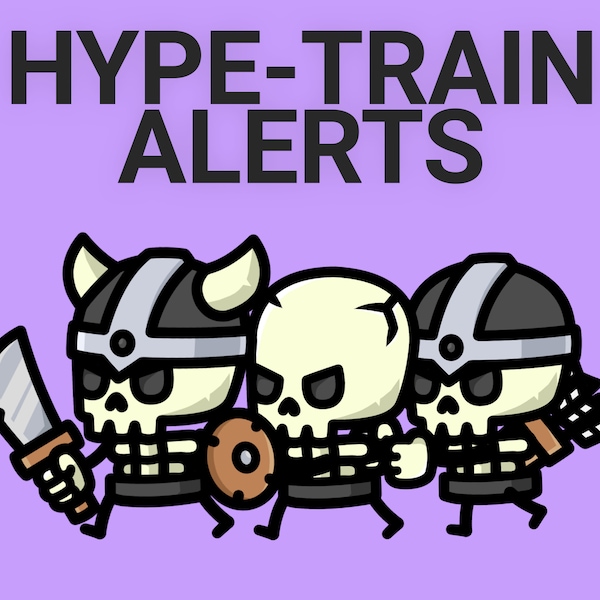 Tiny Skeletons Hype Train Alerts with Levels, Cute Funny Kawaii Twitch Sound Alerts, Start - Level Up - All Time High, Animated Overlays