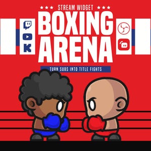 May include: A digital graphic featuring the text STREAM WIDGET BOXING ARENA and TURN SUBS INTO TITLE FIGHTS. Two cartoon characters with boxing gloves face each other in a ring against a red background with Twitch, YouTube, and OBS icons.