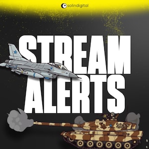 Op de afbeelding: Illustratie met een grijze straaljager met de Davidster en een bruin en beige tank. De tekst "STREAM ALERTS" staat in grote witte letters tegen een zwarte achtergrond met gele accenten.