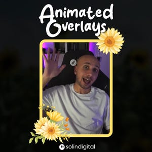 Könnte beinhalten: Text "Animated Overlays" in weißer, kursiver Schrift, mit einem gelben und lila Rahmen um eine winkende Person. Der Rahmen ist mit gelben Sonnenblumen und grünen Blättern verziert. Das solindigital-Logo befindet sich unten.